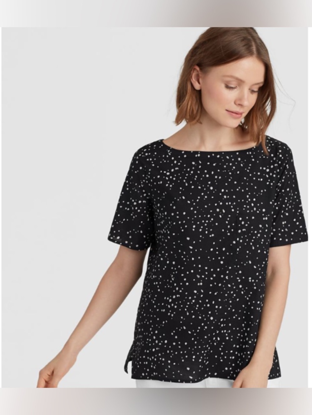 Eileen Fisher Organic Cotton Black White Polka Dot Top Medium Short Sleeve